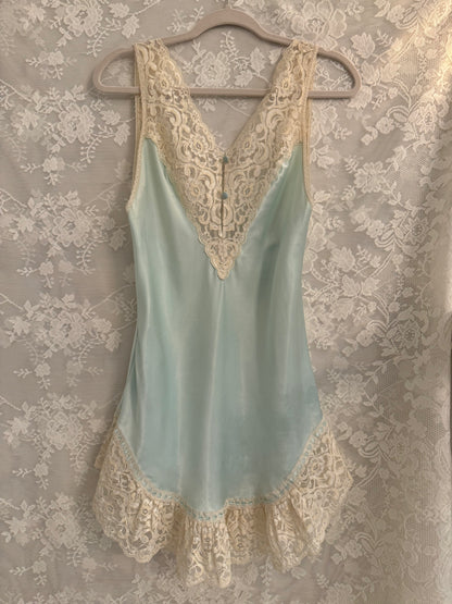 S/M Vintage Aqua Mini Slip Lace Trim