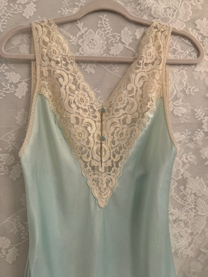 S/M Vintage Aqua Mini Slip Lace Trim