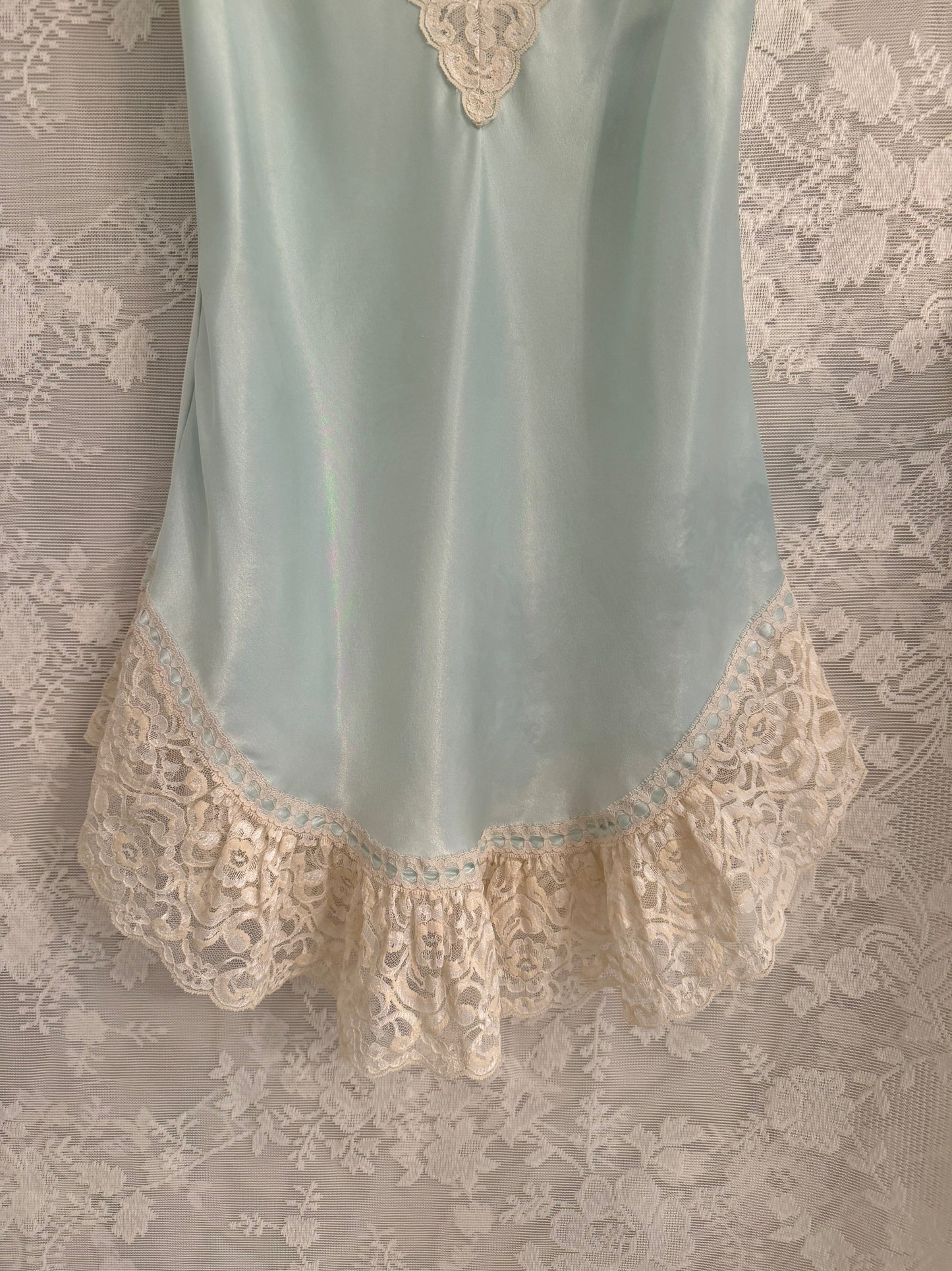 S/M Vintage Aqua Mini Slip Lace Trim