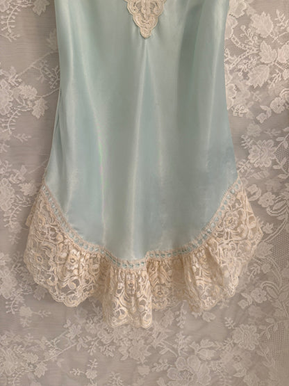 S/M Vintage Aqua Mini Slip Lace Trim