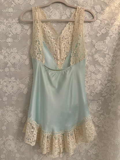 S/M Vintage Aqua Mini Slip Lace Trim