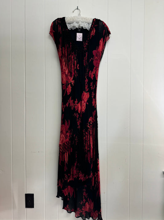 M Vintage 90s/Y2k Red Floral Black Fringe Maxi Dress