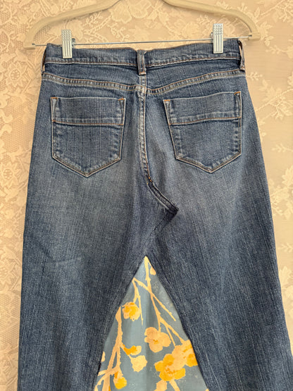 0/26" Repurposed Denim Maxi Skirt Blue/Yellow Flower Insert