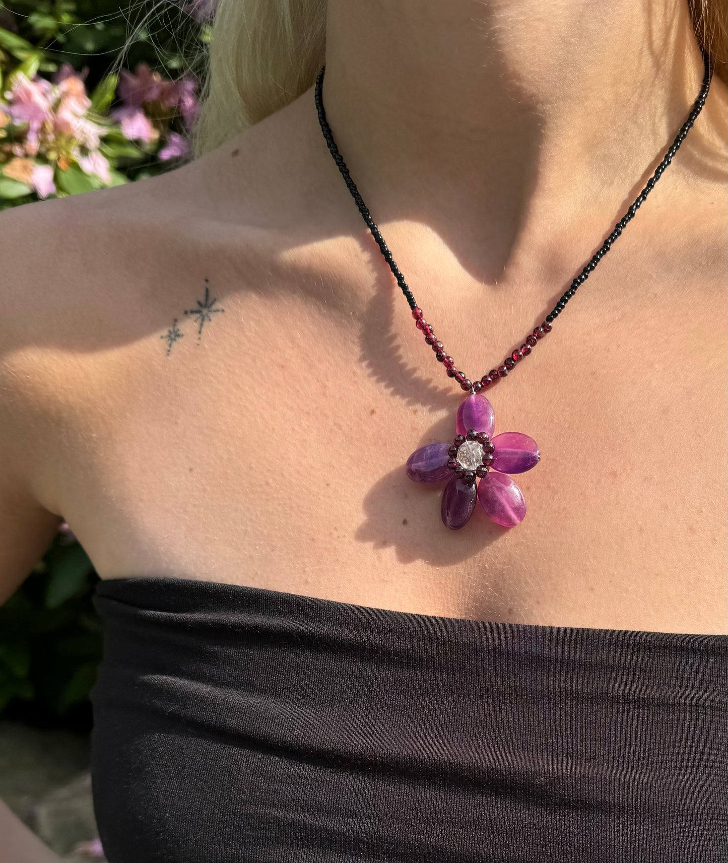 Purple Stone Flower Pendant Necklace