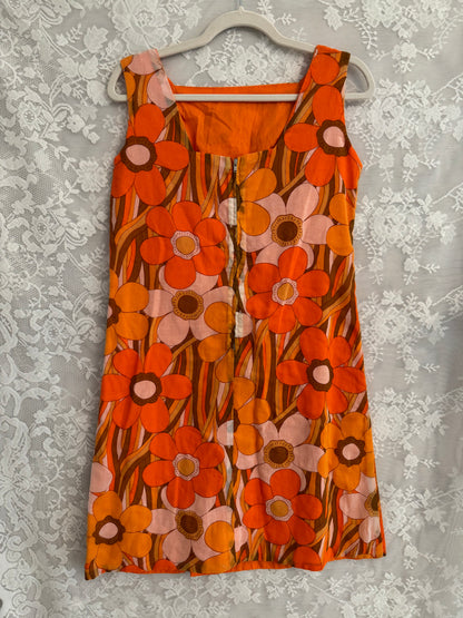 M/L Vintage 60's Mod Orange Flower Shift Dress