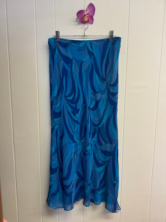 L Y2k 100% Silk Blue Swirl Midi Skirt