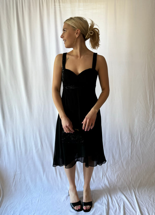 S/M Vintage Black Beaded Midi Dress