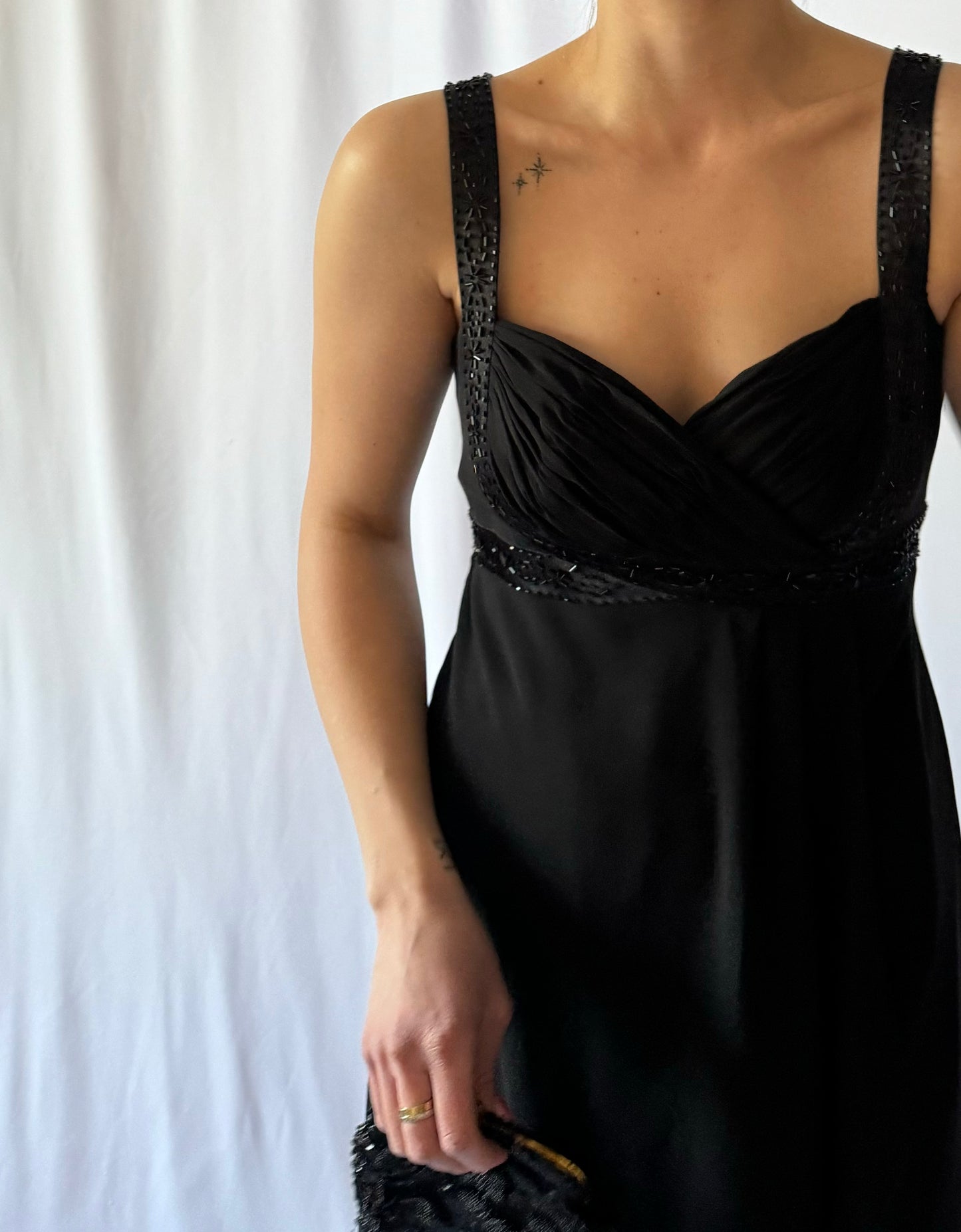 S/M Vintage Black Beaded Midi Dress