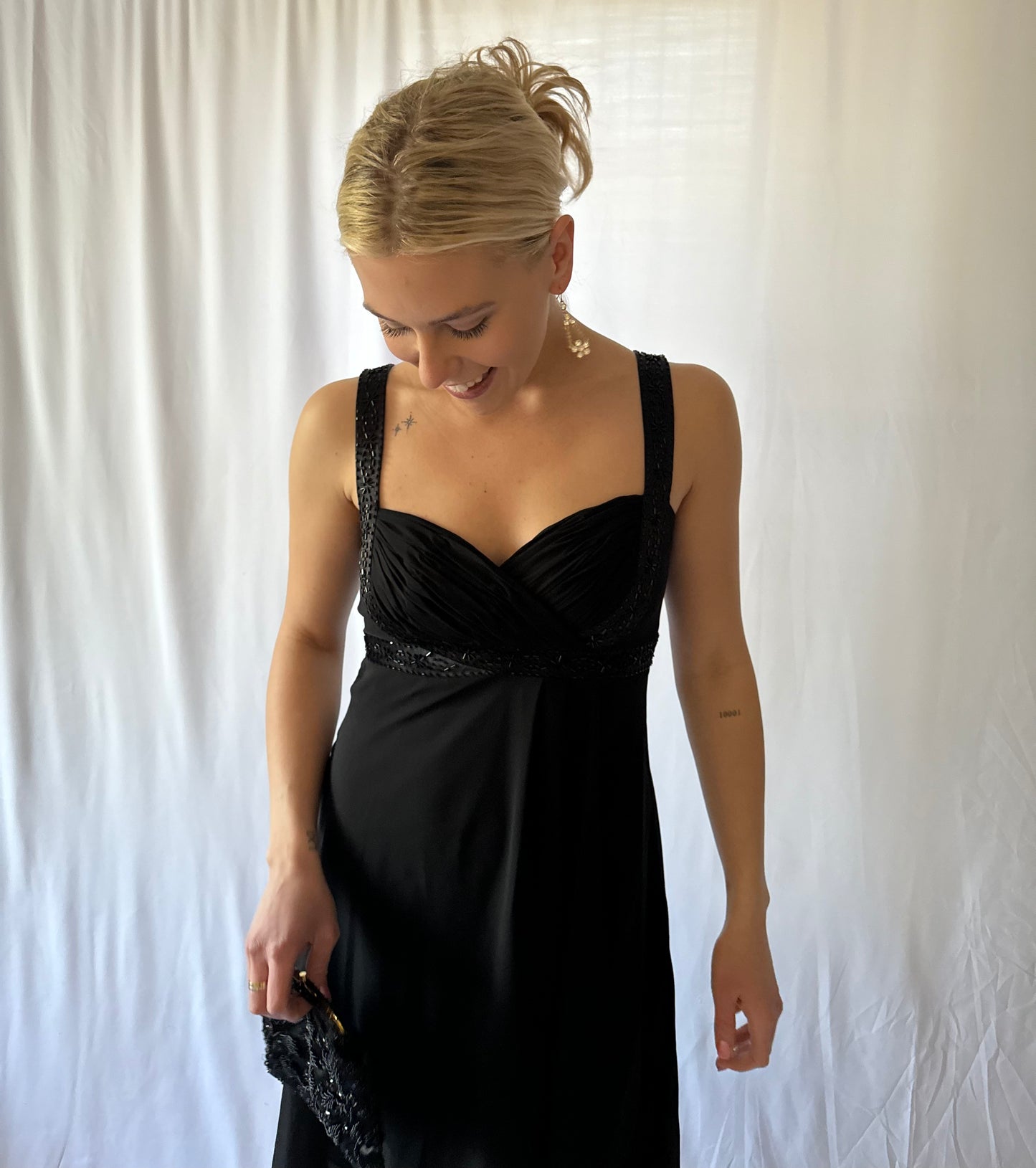 S/M Vintage Black Beaded Midi Dress