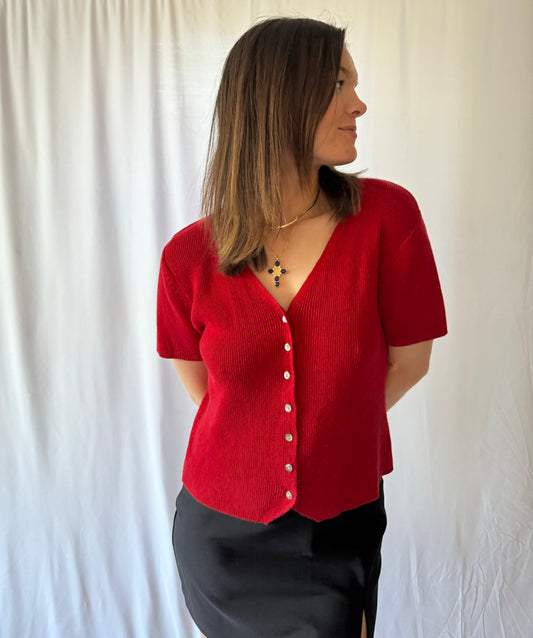 Vintage Red Knit Button Top