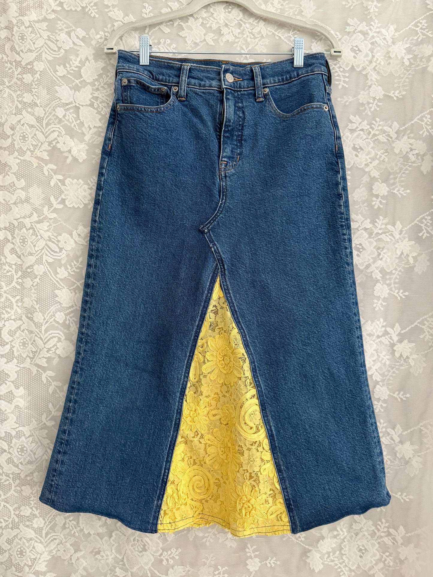 S/26" Repurposed Denim Skirt Yellow Lace