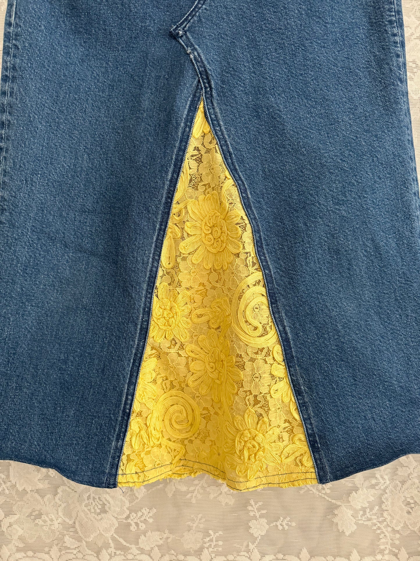 S/26" Repurposed Denim Skirt Yellow Lace