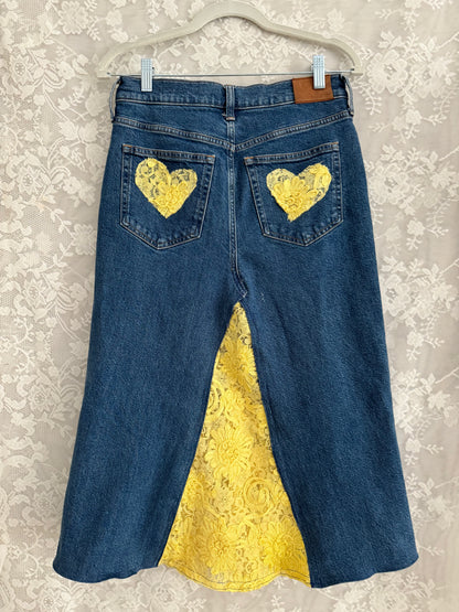 S/26" Repurposed Denim Skirt Yellow Lace