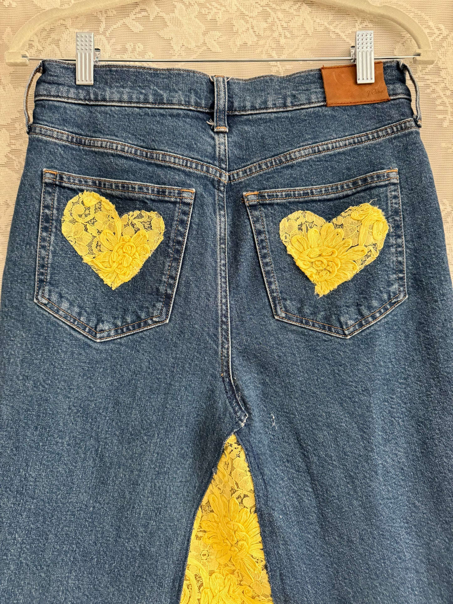 S/26" Repurposed Denim Skirt Yellow Lace