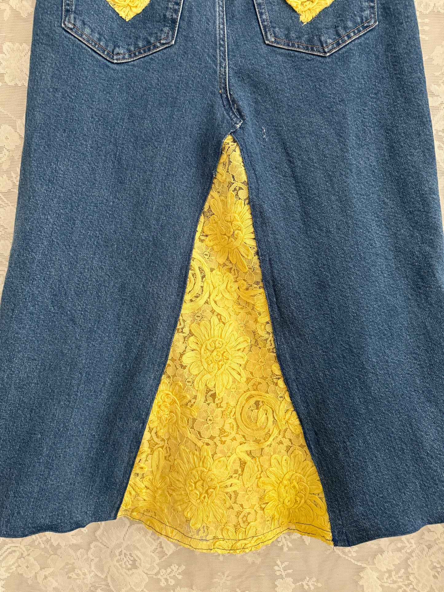 S/26" Repurposed Denim Skirt Yellow Lace