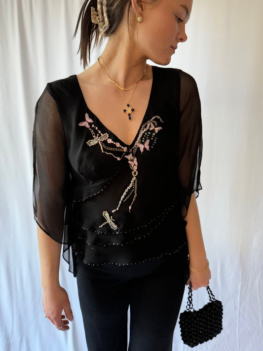 S/M Vintage/Y2K Whimsy Dragonfly Blouse