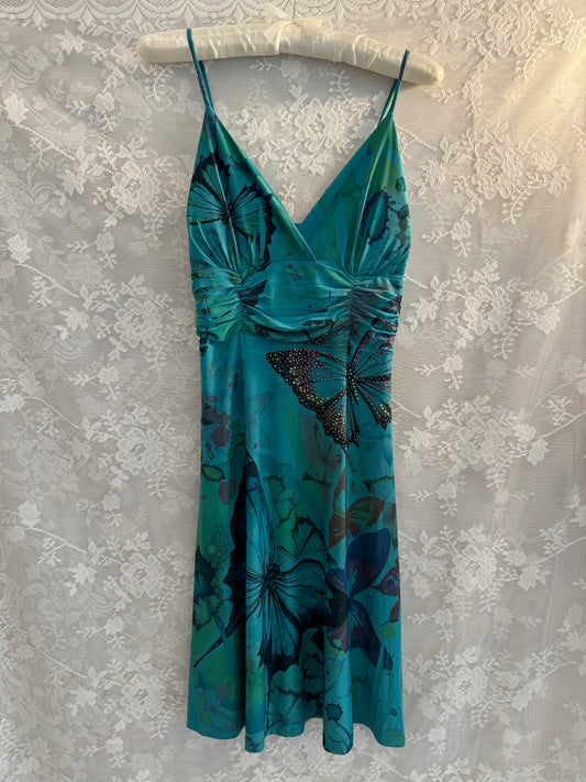 S/M Y2k Blue/Green Butterfly Midi Dress