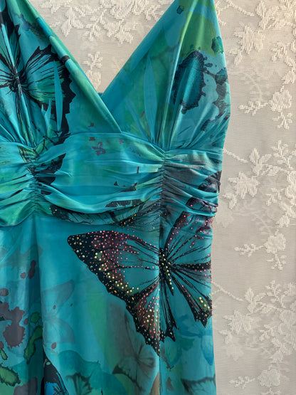 S/M Y2k Blue/Green Butterfly Midi Dress