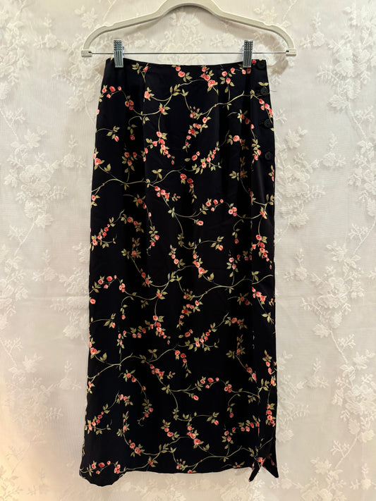 S/M Vintage 90s Black Rose Maxi Skirt